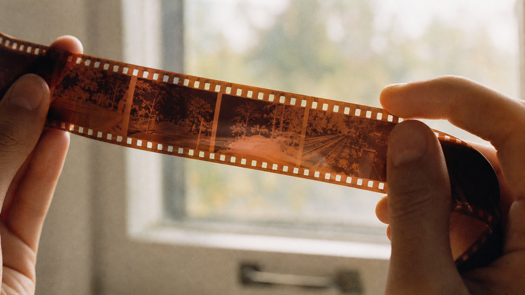 Mani che osservano una striscia di negativi 35mm in controluce